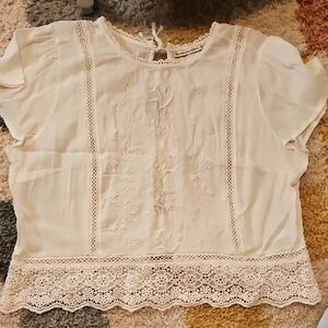 Madewell Cream Lace-Trim Embroidered Blouse